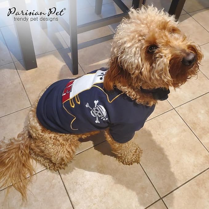 Parisian Pet Captain Sparrow Dog Shirt - Embroidered Pirate Costume - 100% Cotton & Polyester - Sleeved Halloween Outfit - Black Dog Shirt for Small Dogs