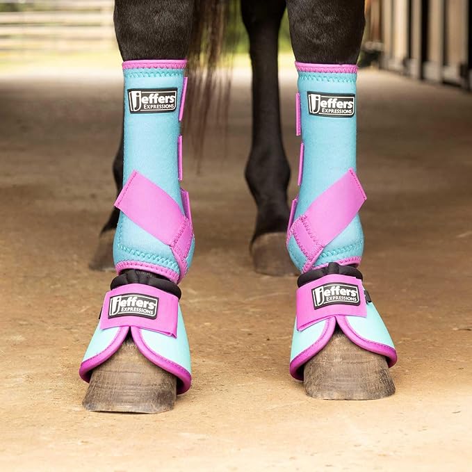 Jeffers Expression Neon Protective Horse Boots, 1 Pair, Turquoise & Purple – Breathable Neoprene, Secure Straps Closures – Durable Protection for Front & Hind Legs, Trail & Riding Use - Medium