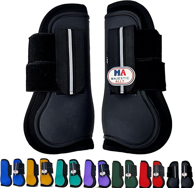 Majestic Ally Horse Leg Protection Fetlock and Tendon Boots Set, PU Shell, Neoprene Lining, Hook and Loop Closures, Multiple Colors and Sizes