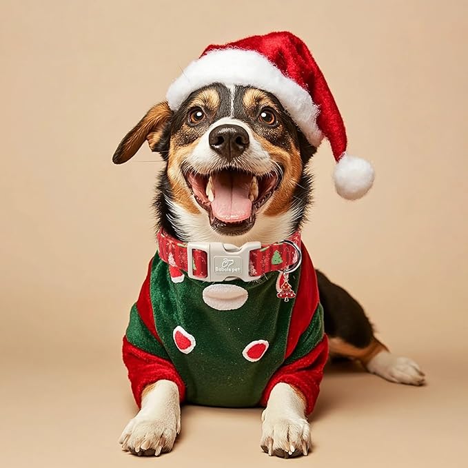 Christmas Dog Collar - Cute Red Christmas Tree Festive Puppy Collar with Safety Buckle, Soft Adjustable Holiday Dog Collars for Small Medium Large Dogs L