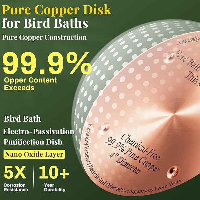 4 Pcs Bird Bath Copper Disk, 0.6mm Thick Reinforced 99.99% Pure Copper Birdbath Purification Disk, with 4 Point Support for Outdoor Birdbaths Bowls Cleaner, 4 Inch (Classic)