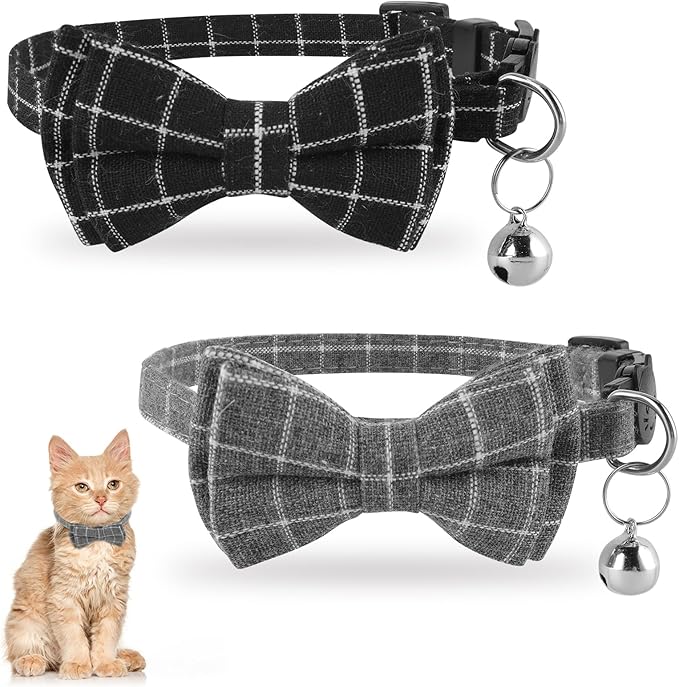 Jeffdad 2Pcs Cat Collar Breakaway, Cat Collar with Bells Bowtie Plaid Cat Collar Adjustable for Kitten Puppy and Small Pets (Black and Gray Plaid)