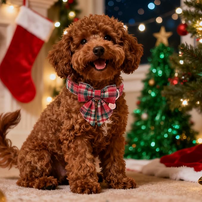 Christmas Plaid Dog Collar with Bow Tie– Adjustable Red & Green Checkered Dog Collar for Small Medium Large Dogs, Soft Xmas Plaid Puppy Collars with Quick Release Buckle M