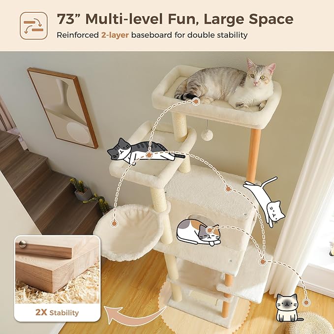 PAWZ Road Large Cat Tree, 73 Inches Tall Wooden Cat Tower with 2 Spacious Hammocks,2 Big Top Beds,8 Fully Scratching Posts and Natural Wood Posts, Multi Cat Tree for Indoor Cats Large Adult-XL