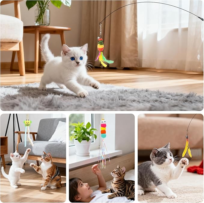 Interactive Cat Toys, 15PCS Cat Wand and Feather Toys for Indoor Cats, Reusable Suction Cup Toys for Kittens Play Exercise (Suction Model)
