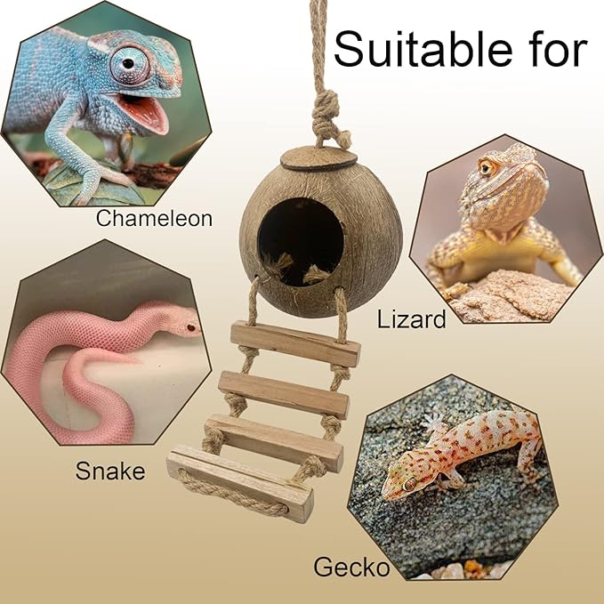 Crested Gecko Coconut Hut with Ladder,Natural Bearded Dragon Coco Den Reptile Shell Hideout Husk Hut Climbing Plants Leaves Tank Accessories for Lizard Chameleon Snakes