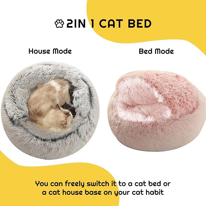YUDANSI Cat Bed Hooded for Indoor Cats, Dog Bed with Large Covered Hood for Small Dogs Cats Puppy Kitty, Anti Anxiety Donut Cuddler, Anti Slip Plush Faux Fur Enclosed Pet Nest (Washable)(Gray-20inch)