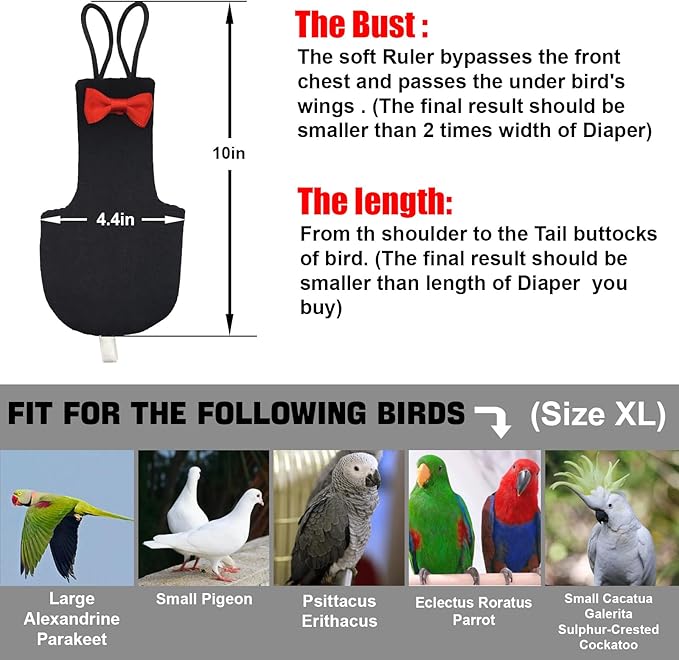 Bird Diaper Washable Reusable Parrot Flight Suit Nappies Protective Breathable Parrot Nappy Clothes for Parakeet, Macaw, Budgie, Canary, Cockatiel (Black, XL)