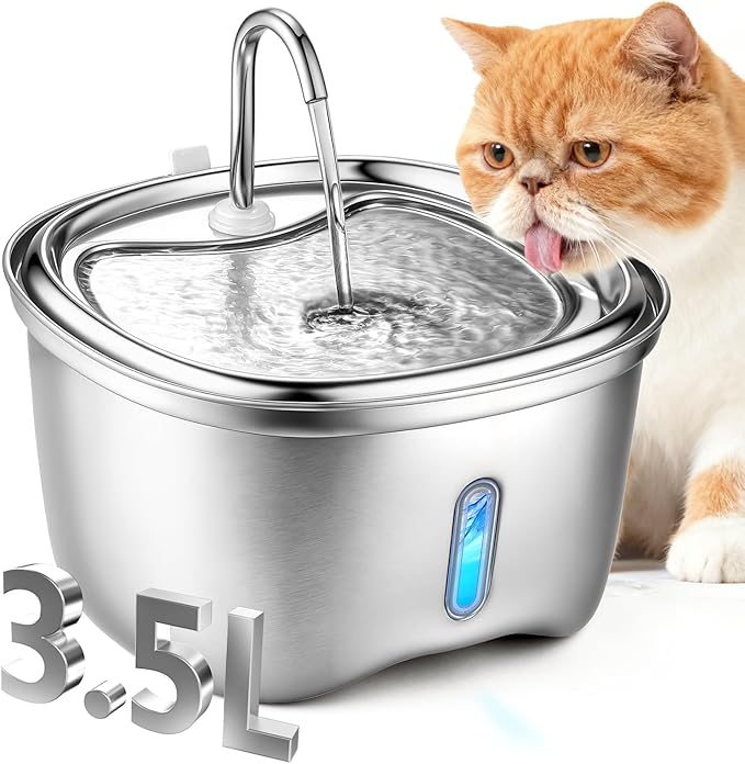Cat Water Fountain, 120oz/3.5L Stainless Steel Pet Water Fountain, Automatic Silent Pump, Easy Clean Cat Water Bowl, with Replacement Filters & Silicone Mat for Cats, Dogs, Multiple Pets