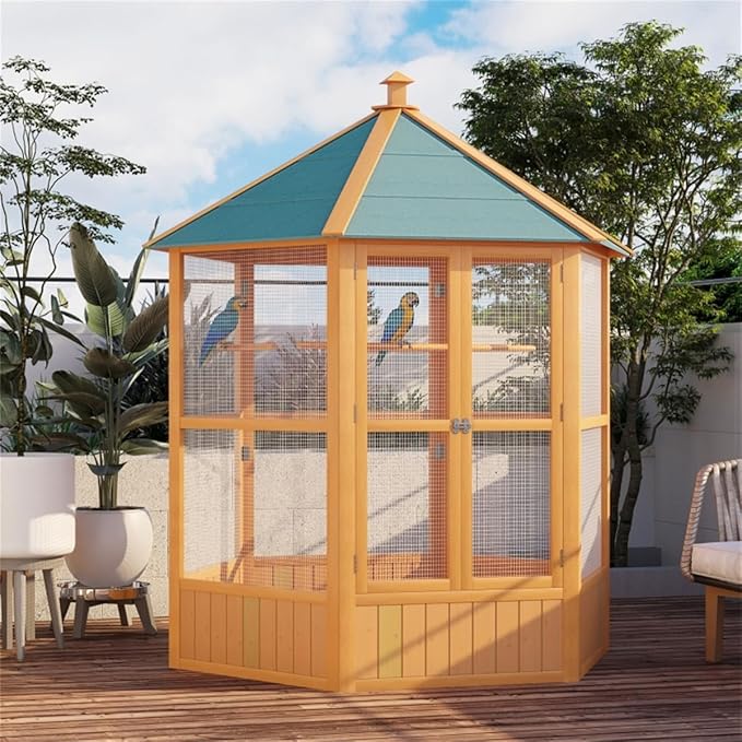 59" Large Wooden Hexagonal Outdoor Aviary Flight Bird Cage with Covered Roof, Green