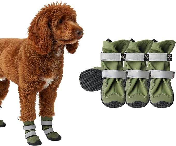 Spark Paws Dog Shoes, Waterproof Dog Boots for Medium to Large Dogs, Non Slip, Breathable Dog Booties and Paw Protectors - 4PCS Doggie Hiking Boots with Reflective Straps - Green, Size 3