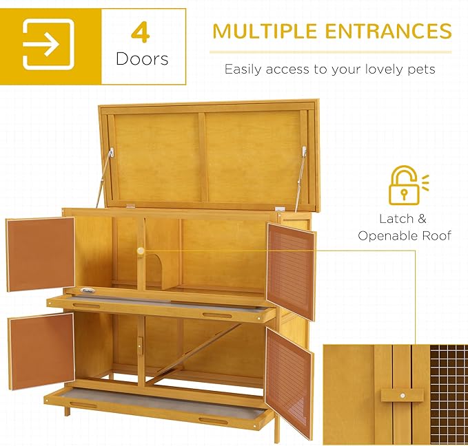 PawHut Wooden Bunny Rabbit Hutch, Small Animal Habitat with Ramp, Removable Tray & Weatherproof Roof, for Rabbits, Chickens, Ducks, Indoor/Outdoor, Yellow