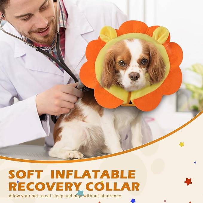 IEUUMLER Inflatable Recovery Dog Collar, Protective Donut Cone, Adjustable Soft Collar for Dog and Cat After Surgery Prevent from Biting & Scratching EU002 - Orange Lion M+