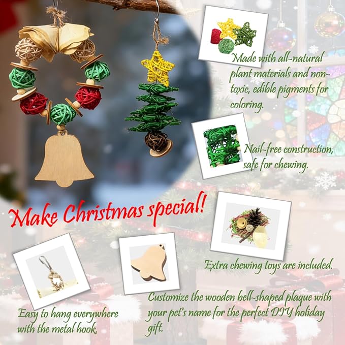 Bird Toys - Christmas Parrot Toys, Cage Enrichment | Foraging Wreath | Chewing and Shredding | Ideal for Parakeets/Cockatiels/Conures/Lovebirds and Small to Medium Birds
