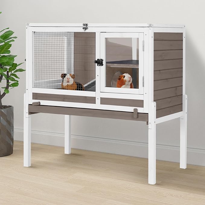 Indoor Rabbit Hutch Guinea Pig Cages with Chew-Proof Ramp, 2-Story Wooden Bunny House with Pull-Out Tray & Leakproof PVC Layer, Small Animal Cage with Detachable Legs (Brown)