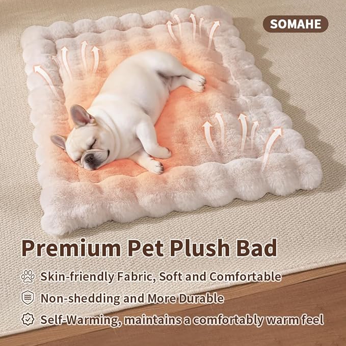 Self-Warming Cat Bed, Plush Faux Fur Pet Bed Mat with Anti-Slip Bottom, Ultra Soft Heated Bed for Cats & Medium Dogs, Cozy Fluffy Pad for Couch & Crate, Machine Washable, 27x20 Inch White
