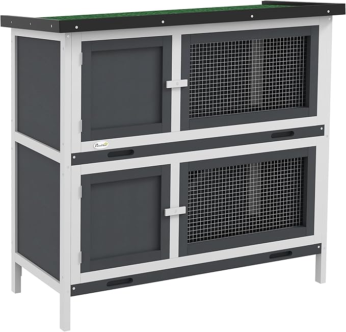PawHut Wooden Bunny Rabbit Hutch, Small Animal Habitat with Ramp, Removable Tray & Weatherproof Roof, Indoor/Outdoor, Grey
