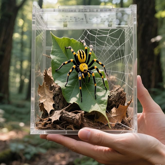 Jumping Spider Enclosure, One-Piece Fully Transparent Acrylic Small Reptile Enclosure, 5.9x5.9x9 inch Small Terrarium for Tree Frogs, Tarantulas, Mantises, Jumping Spiders