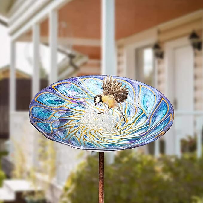 VCUTEKA Glass Bird Bath Outdoor BirdBath Garden Bird Feeder with Metal Stake