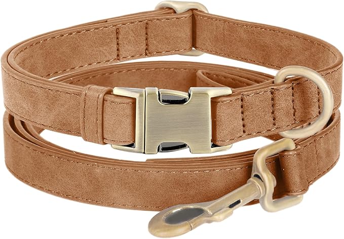 Genuine Leather Dog Collar - Adjustable Pet Collar with Quick Release Metal Buckle, Soft Skin Friendly Real Leather Collar for Small, Medium, Large Dogs (Brown Collar + Rope, S：Fit 8-16" Neck)