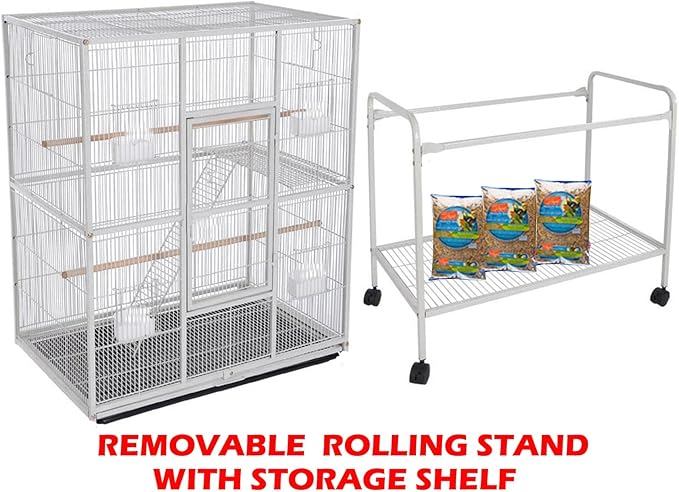 Extra Large Tall Wrought Iron Tight Bar Spacing Breeding Flight Canary Parakeet Cockatiel Lovebird Finch Metal Cage Side Nesting Box Doors with Removable Rolling Stand