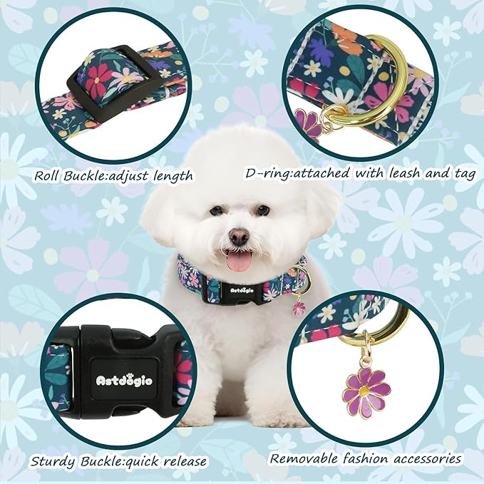 Dog Collar for Medium Dogs, Spring Dark Green Dog Collars with Flowers Pattern, Adjustable Cotton Dog Collars, Cute Girl or Boy Dog Collar Ideal for Gifts,Pet Accessory