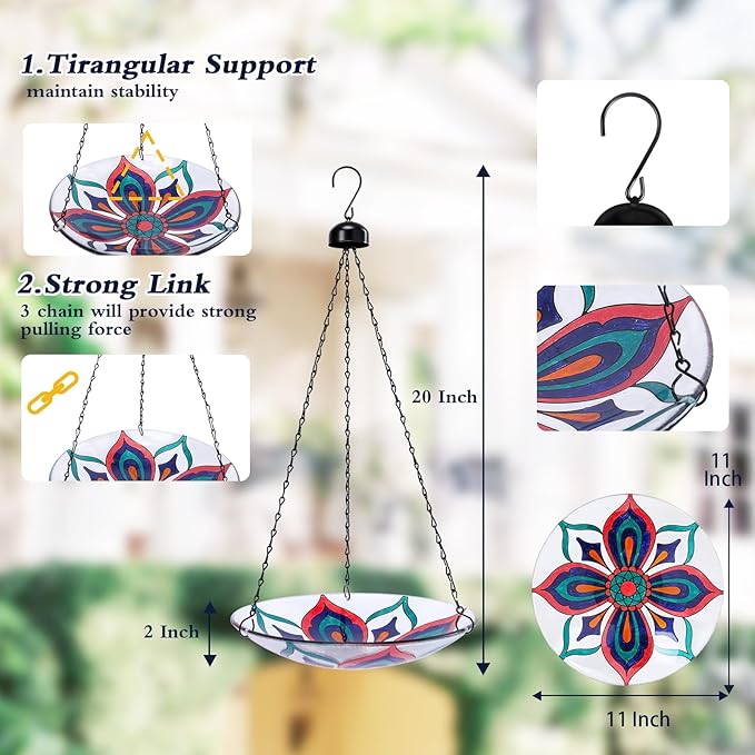MUMTOP Hanging Bird Baths for Outdoors - Glass Bird Bath, 11 Inch Hanging Bird Bath Bird Feeder Bowl for Outside, Garden, Lawn Yard Decor (Colorful Kaleidoscope)