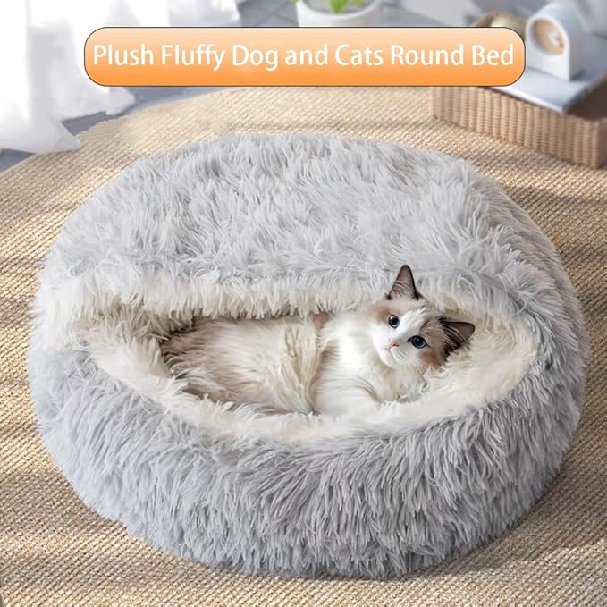 Plush Fluffy Dog and Cats Round Bed, Ultra-Soft Plush with Raised Rim, Non-Slip Bottom, Plush Cat Bed with A Cover, for Small Dogs and Cats (Pink, Small)