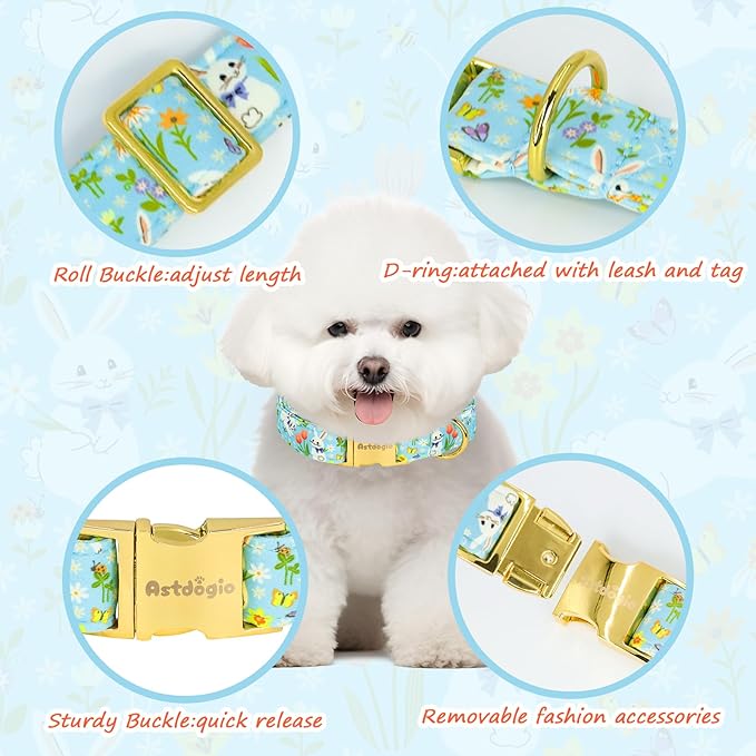 Easter Dog Collar for Extra Small Dogs, Easter & Spring Theme Small Dog Collar with Cute White Bunny Pattern, Adjustable Blue Easter Dog Collars Girl Boy Collar for Dogs -XS