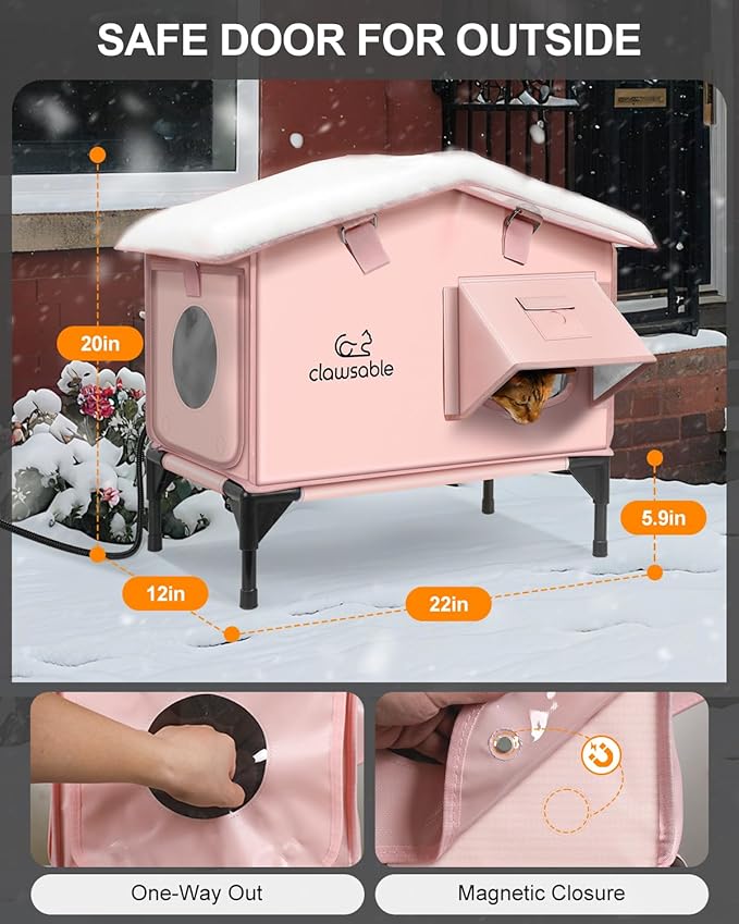 Upgraded Heated Cat House for Outside Escape Door, Highly Insulated Heated Outdoor Cat House Waterproof Awning, Weatherproof Outdoor Feral Cat Shelter for Stray Winter
