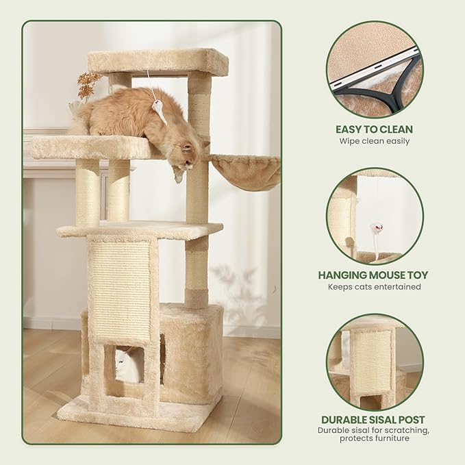 Cat Tree, 50.31-Inch Cat Tower for Indoor Cats, Cat House with Padded Platform Bed, Toy Mouse Ball, Large Cozy Condo, Hammocks and Sisal Scratching Posts for Kittens Play, White