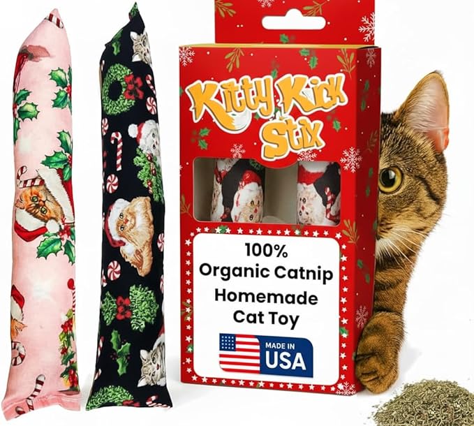 Kitty Kick Stix 11" Catnip Kicker Toy – Set of 2 | Handmade in USA | Interactive Cat & Kitten Toy | Packed with 100% Potent Catnip for All Breeds (Holiday (Set of 2))