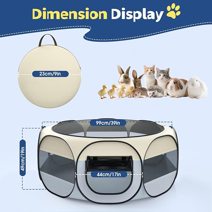 Small Animal Playpen, Chicken Brooder Box with Cover Top, Portable Outdoor Exercise Pet Cage Tent, Waterproof Breathable Pet playpen Indoor for Chick Ktiien Bunny Hamster Guinea Pig,Beige+Gray