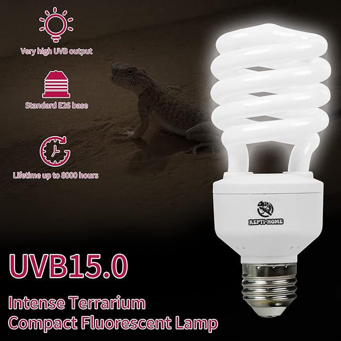 UVB Reptile Light 15.0, 26W Intense UVA UVB Bulb for Reptiles, Terrarium Compact Fluorescent Lamp, Reptile UVB Light Bulb for Desert Reptiles & Amphibians