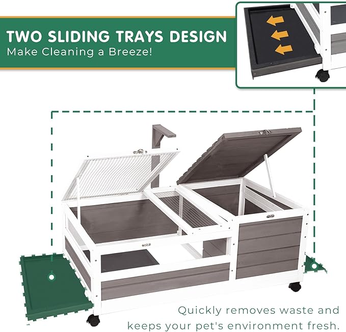 Tortoise Habitat Tank Indoor Outdoor, Wooden Tortoise House with Wheels, 2-Room Reptile Turtle Enclosure Cage for Small Animals, Lamp Holder, Leakproof Tray, Grey