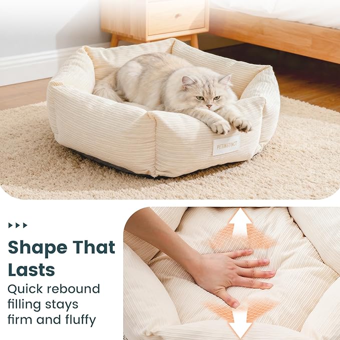 Cat Bed, Washable Orthopedic Cat Beds for Indoor Cats, Soft Donut Calming Pet Bed for Puppy and Kitten with Anti Slip Bottom, Small Dog Bed, 21.7x21.7x5.9 in, Cream White