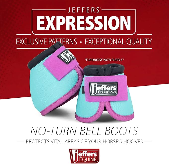 Jeffers Expression No Turn Bell Boots for Horses - Turquoise & Purple, Large | Shock Absorbing Hoof Protection | Secure Double Hook & Loop Closure, Perfect for Turnout, Training, & Riding - 1 Pair