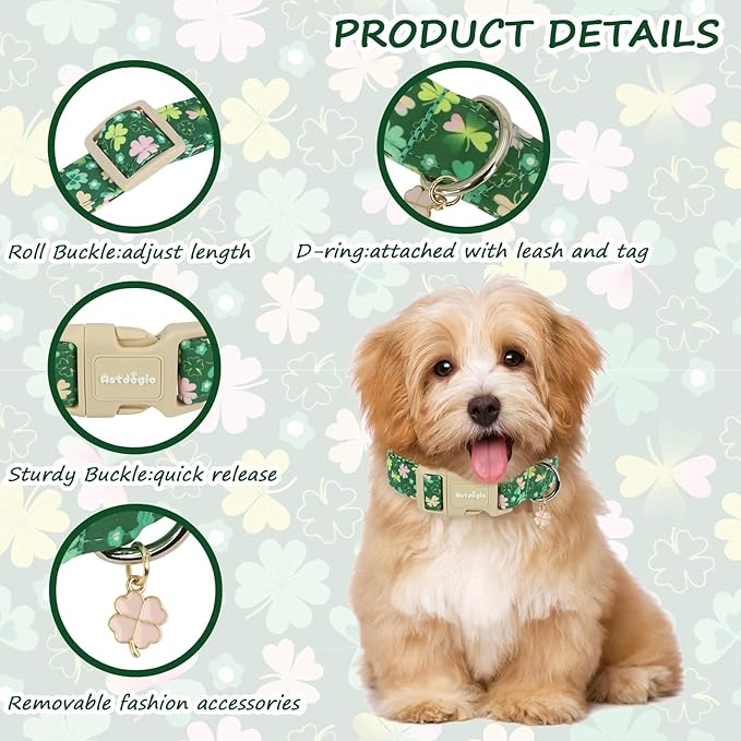 St. Patrick's Day Dog Collar,Green Clover Lucky Shamrock Puppy Collar,Adjustable Spring Cotton Collars Gifts for Small Medium Large Dogs,Dog Accessories L
