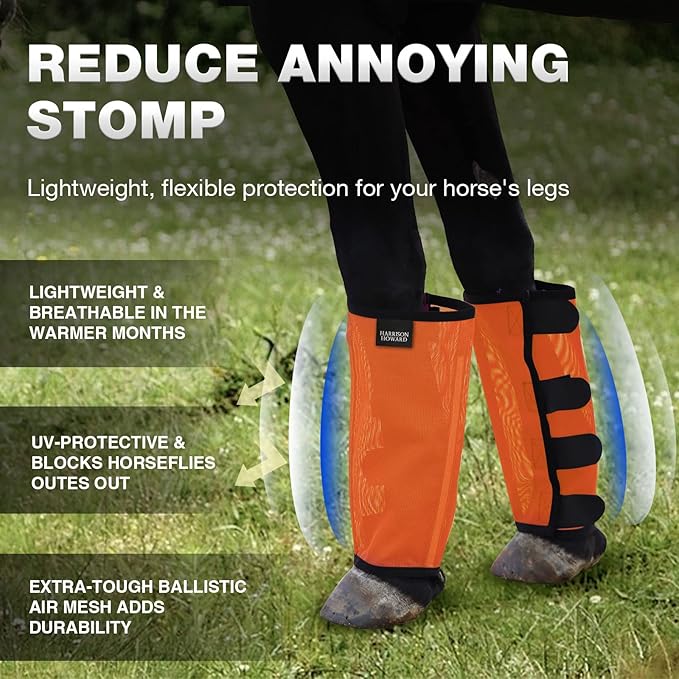 Harrison Howard Loose Fitting Fly Boots UV-Protective Extra Tough Mesh Ventilated Four Fasteners Stay-on Design Protect Horse Legs & Stomp-Reducing Set of 4 Orange Medium