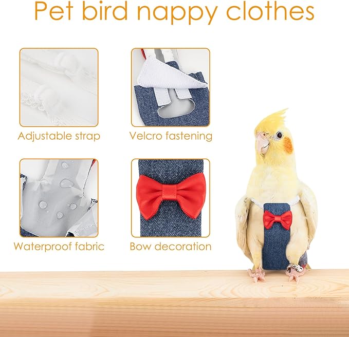 Parrot Clothes - Parrot Diaper & Harness with Adjustable Straps & Elastic Training Rope (1PCS, Denim Blue, L-Code)