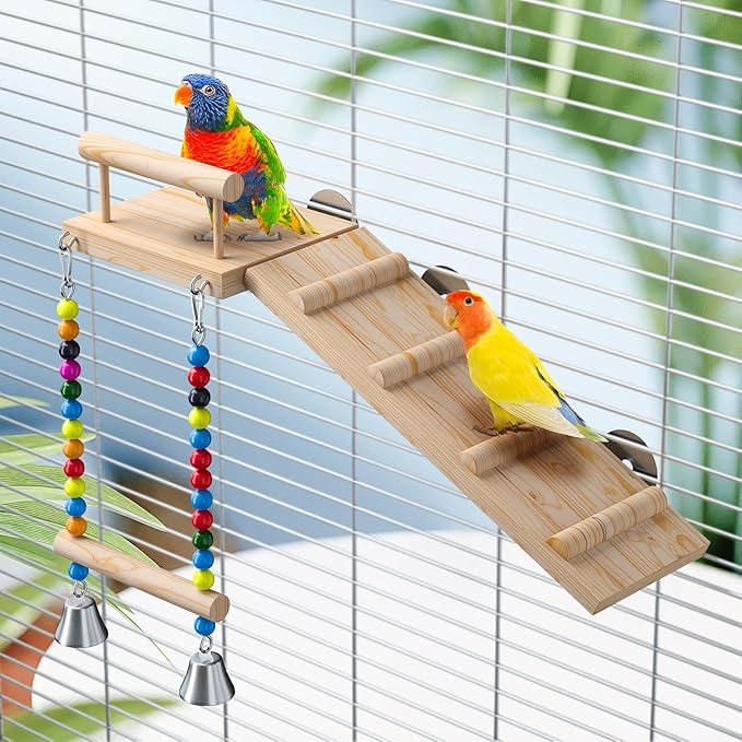 Bird Perches Platform Swing with Climbing Ladder,Bird Wooden Playground,Bird Swing for Green Cheeks, Small Lovebirds, Goldens, Hamsters, Parakeet Cage Accessories