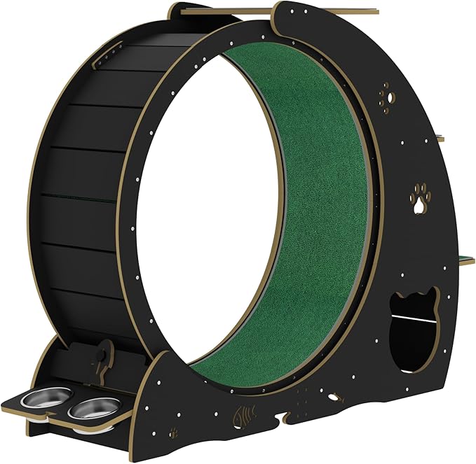 GarveeLife Cat Exercise Wheel for Indoor Cats, Cat Treadmill with Bowls, Scratch Post & Detachable Carpet, Large Quiet Cats Running Wheel for Kitties Endless Fun & Fitness Black