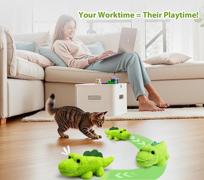 Interactive Cat Toys for Indoor Cats - Self-Charging Croc Chase Toy with 360° Motion, Wagging Tail & Catnip, Automatic Exercise Toy for Bored Kittens/Adults(Plush Fur)