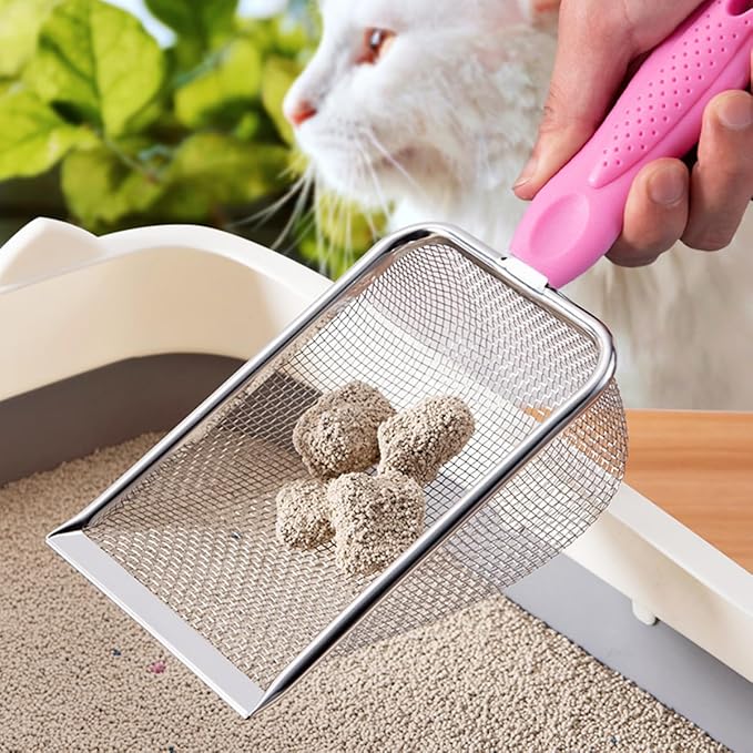 Cat Litter Scoop,Sturdy Litter Cleaner Corner Shovel,2Pcs Stainless Steel Mesh Litter Shovel,Easy to Clean Reptile Terrarium Sand Waste,Beach Shovel(Pink)