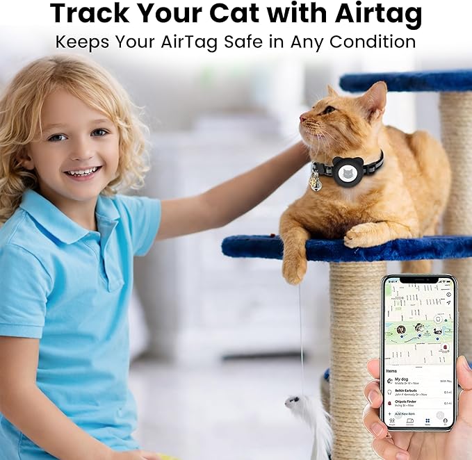 Cat Collar with AirTag Holders, 3-Pack, Reflective Breakaway Safety Collars, Bells and Matching Charms, Adjustable, Paw Hearts, Moon Stars Design, Lucky Charm, Blue