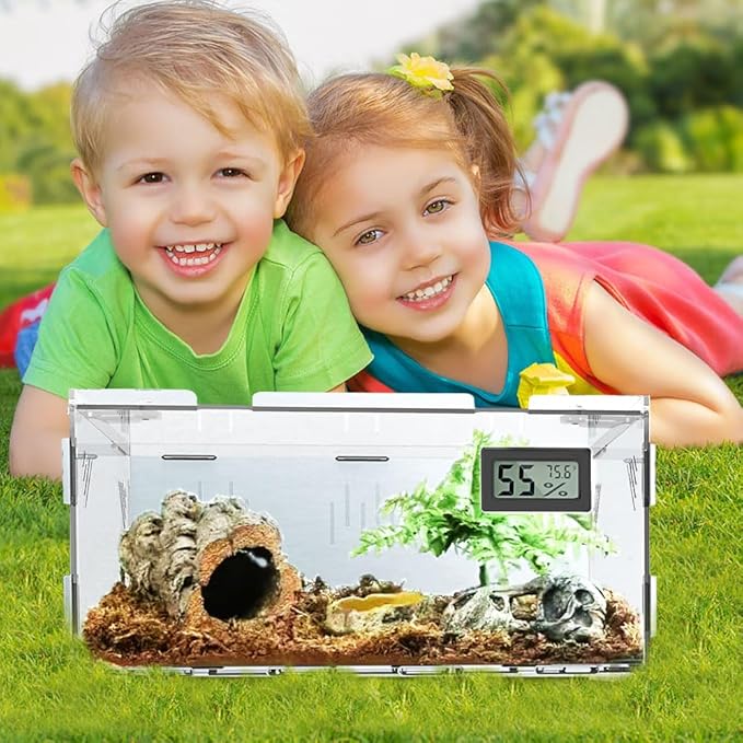 Reptile Terrariums, with Temperature Hygrometer, 11.8"x7.9"x5.9" Acrylic Reptile Breeding Box Terrarium Cage Tank for Small Reptile Insect Home Office
