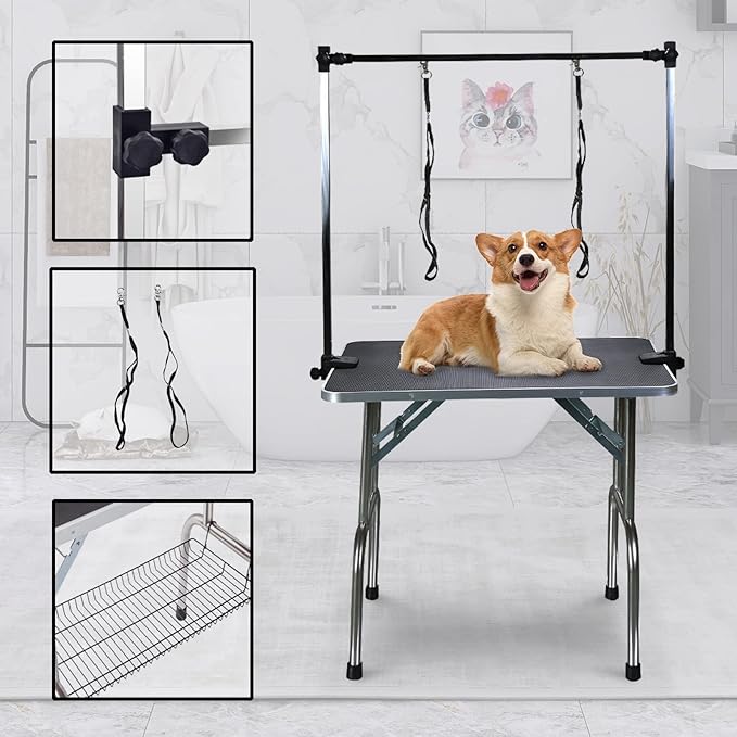 SoarFlash Pet Dog Grooming Table Foldable,Heavy Duty Foldable Pet Grooming Table with Arm & Noose & Mesh Tray, Maximum Capacity Up to 330lbs, 42inch, Black