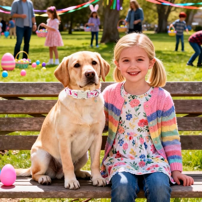 DOGWONG Easter Dog Collar, Cute Easter Pink Bunny Pet Collar Durable Holiday Girl Boy Adjustable Cotton Dog Collars for Medium Large Dogs,L Visit The Elegant Little Tail Store