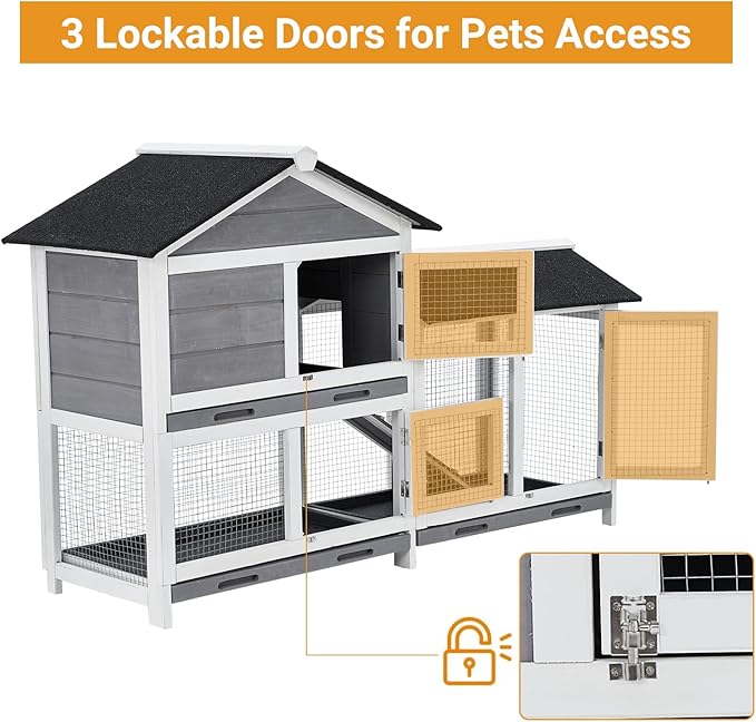 63 in Bunny Hutch Indoor Bunny Cage, with 3 Leak-Proof Removable Trays, Wooden Waterproof Roof Rabbit Hutch Indoor/Outdoor, 2-Tier Bunny House/Chicken Coop, Gray and Black