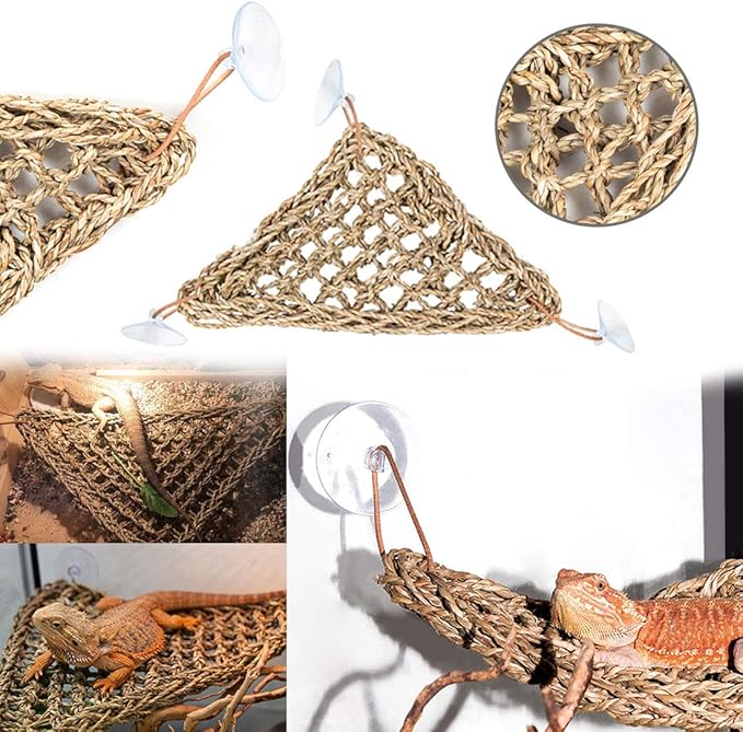 PINVNBY Vines for Reptile Tank,Reptiles Plants for Habitat,Bearded Dragon Hanging Plant Decoration Artificial Leaves Accessories Lizard Natural Seagrass Hammock for Chameleon Geckos Snake